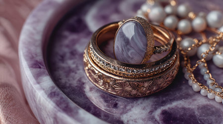 A purple marble tray holds gold rings with gemstone and diamond details along with pearl necklace creating elegant jewelry displayの素材