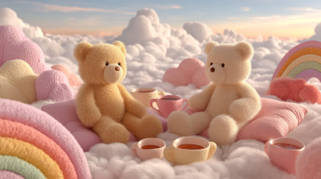 A two kawaii teddy bear plush toys sitting on soft cushions with tea cups around them in dreamy cloud settingの素材