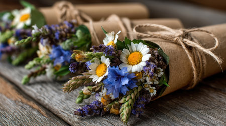 A charming cottagecore bouquet with daisies and blue flowers wrapped in rustic brown paper tied with twine on wooden surface evoking calm and natureの素材