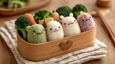 A kawaii rice balls cute food bento box broccoli carrot wooden container heart shape adorable lunchの素材