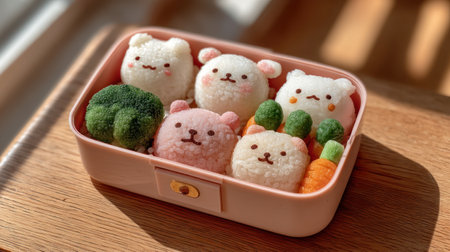 A cute kawaii rice balls shaped like bear faces with broccoli and carrot in pink lunchbox on wooden table in warm lightの素材