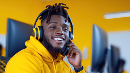 Smiling man wearing headphones in bright workspace.の素材