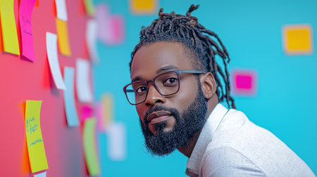 Creative brainstorming session with focused man in glasses.の素材