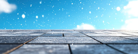 Snow gently falling on rooftop under bright blue sky.の素材