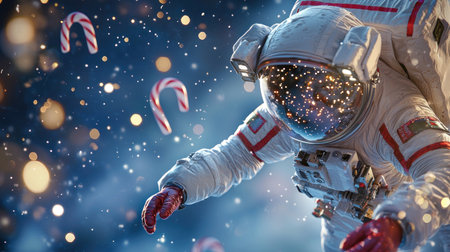 astronaut floats in space surrounded by festive candy canes and sparkling lights.の素材