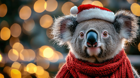 cute koala bear wearing Santa hat and red scarf, festive mood.の素材