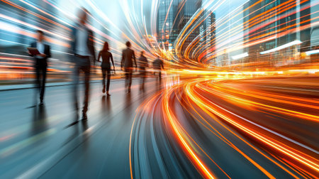 Dynamic office scene with businesspeople in motion, showcasing urban energy.の素材