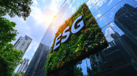 modern glass building featuring vibrant green wall with letters ESG prominently displayed.の素材