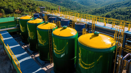 Large green tanks with yellow tops at biodiesel plant surrounded by nature.の素材