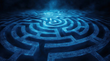 digital maze design with intricate pathways and glowing blue lines creates mysterious atmosphere.の素材