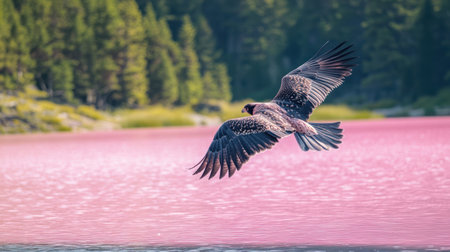 A close up cinematic view of falcon flying low above vibrant pink lake water with detailed feathers and bright green forest in backgroundの素材