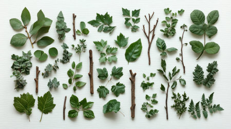 A green leaves and dry twigs arranged neatly on white background, showcasing natural textures and fresh botanical elements in calm settingの素材