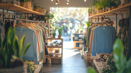 A cozy boutique interior with hanging sweaters, soft natural light, and green plants creating warm and inviting shopping atmosphereの素材
