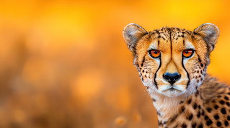 Majestic cheetah with striking eyes gazing into distance, showcasing its beauty and grace in vibrant, warm background.の素材