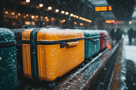 Bright yellow suitcase among snow covered luggage at train station, creating vibrant contrast against winter backdrop. Travelers bustle around, adding to lively atmosphere.の素材