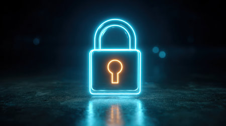 A cyber security data protection system with ai concept showing glowing lock on dark backgroundの素材