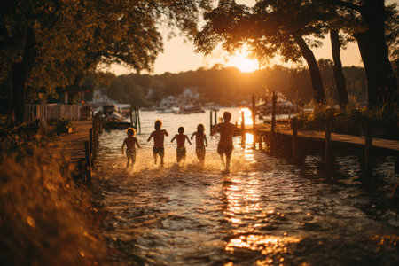 A children running into lake at sunset with golden light and joyful summer funの素材