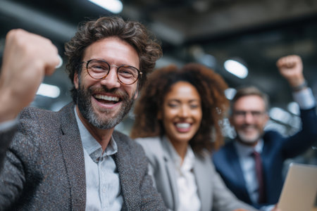 Happy business team celebrating success with financial support and loan approval for business growth and loan assistance.の素材