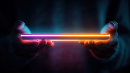 Person holding glowing futuristic device with vibrant neon lights symbolizing technology and business innovation in dark environment.の素材