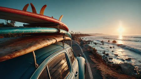 Car loaded with surfboards travels along coastal road at sunset, capturing essence of travel and adventure by ocean.の素材