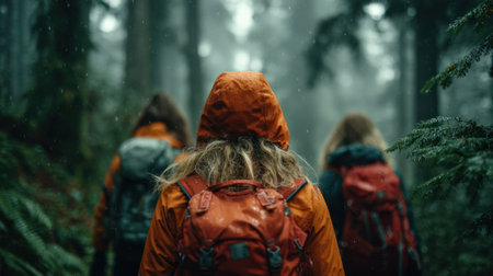 Group of people wearing rain jackets hiking through misty forest enjoying nature and travel in peaceful outdoor environment.の素材