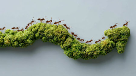 Ant inspired ants walk on sustainable green moss forming ecosystem shaped like arrow symbolizing business growth and teamwork success.の素材