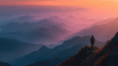 Traveler enjoys nature and travel on mountain ridge at sunset with layers of misty mountains glowing in warm lightの素材