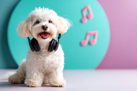 A cute white dog wearing headphones, smiling joyfully with music notes in background, soft pastel tonesの素材