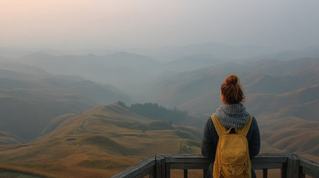 A solo traveler with yellow backpack standing on wooden railing overlooking misty rolling hills and peaceful landscape at dawnの素材