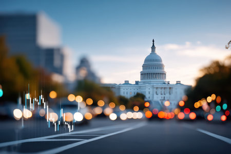 An Early morning light illuminates U.S. Capitol building with stock market graph overlays, symbolizing financial progressの素材
