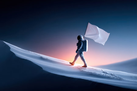 A Silhouette of astronaut holding white flag on lunar like surface during sunrise, evoking hope and explorationの素材