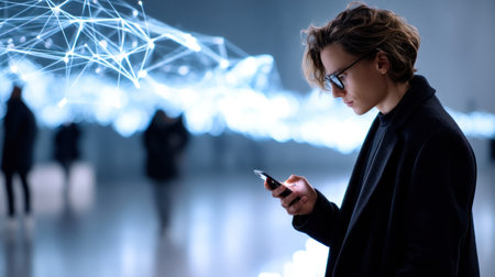 A person using smartphone while observing futuristic display of interconnected digital data nodes in modern settingの素材