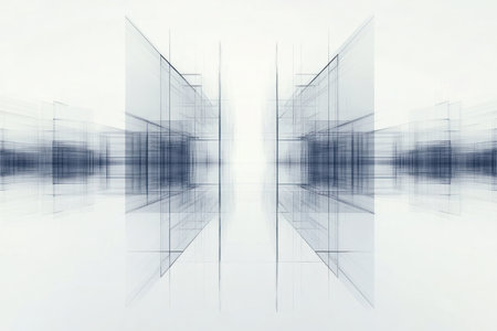 An abstract futuristic architecture with transparent lines and symmetry creating balanced tech design in soft white and blue tonesの素材