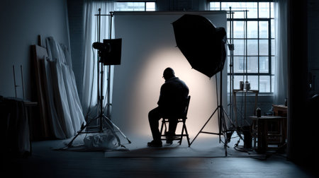 A photographer setting up lighting in professional studio with white backdrop and seated person silhouette creating moody atmosphereの素材