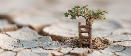 Climbing toward sustainable future small tree grows from dry cracked soil with tiny wooden ladder symbolizing growth and hope in harsh conditions.の素材