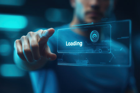 A man blue shirt interacts with transparent digital interface displaying Loading progress bar. blurred background emphasizesの素材