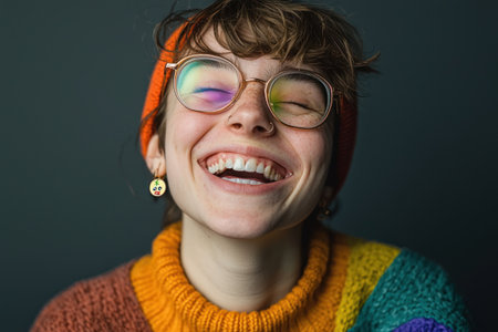 A Joyful non binary individual wearing colorful sweater and glasses, expressing happinessの素材
