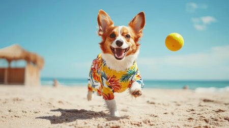 A playful dog in Hawaiian summer suit joyfully fetching ball on sunny beachの素材