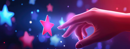 A hand reaching out to touch colorful stars in dreamy, vibrant background creates magical atmosphereの素材
