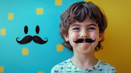 A cheerful child with playful expression poses against colorful background, featuring drawn on mustaches that add fun touchの素材