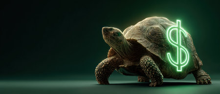 Slow turtle with glowing dollar sign on its shell symbolizes finance for sustainable future with steady growth and careful progress.の素材