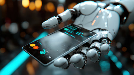 A robotic hand holding smartphone displaying digital payment interface, symbolizing modern technology and convenienceの素材