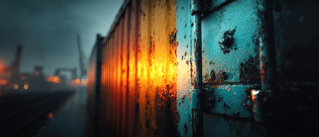 Rusty cargo container close up with warm light reflecting on metal surface during shipment at freight yard.の素材