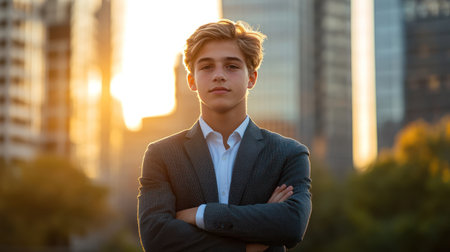 A confident teenage investor standing with arms crossed in front of skyscrapers during morning urban sunlight wearing formal outfitの素材