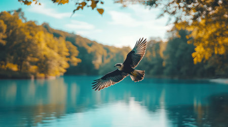 A majestic bird with spread wings flies low over vibrant teal lake surrounded by bright green forest under soft sunlight, creating peaceful sceneの素材
