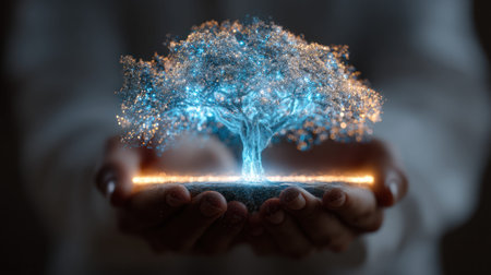 A glowing digital tree held in hands with sparkling blue and orange lights symbolizing technology and sustainability in dark backgroundの素材