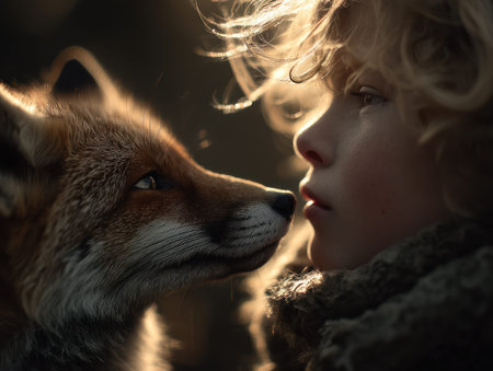 Closeup of child and fox gently facing each other, sharing quiet and tender moment filled with warmth and connection.の素材