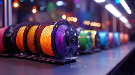 A colorful filament spools lined up on table in workshop, creating vibrant and creative atmosphere for rapid prototyping and 3d printingの素材