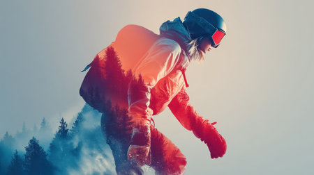 A snowboarder in vibrant gear glides through snowy terrain, with creative double exposure effect blending forest sceneryの素材