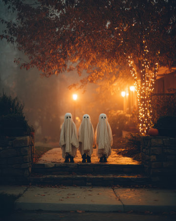A three kids dressed as ghosts walk on dimly lit suburban street with leaves and warm glowing lights creating cozy halloween atmosphereの素材